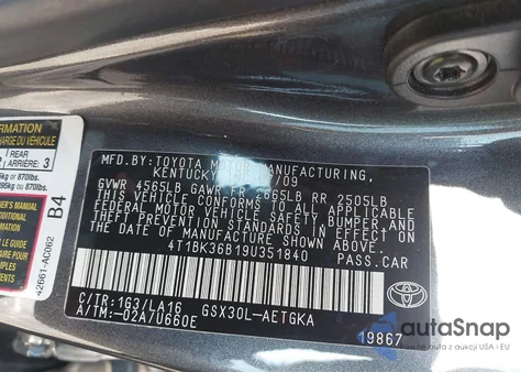2009 Toyota Avalon Xls from USA, damaged, VIN 4T1BK36B19U351840